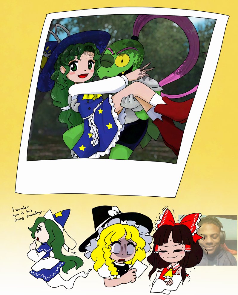 1boy, 3girls, ascot, aurora_artz, blonde_hair, blue_capelet, bow, bowtie