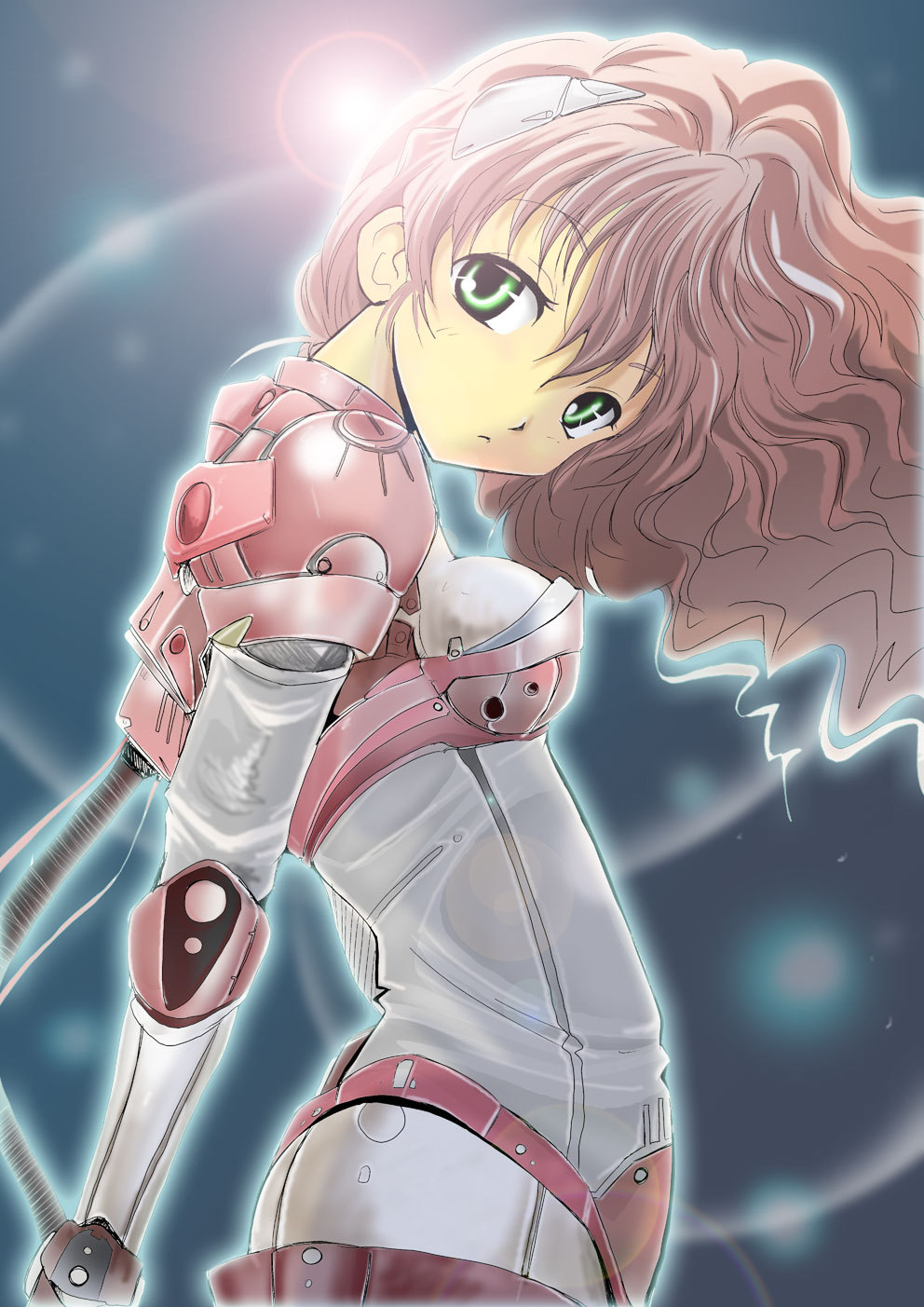 arm_guards, armor, bodysuit, cable, crotch_plate, elbow_pads, expressionless, green_eyes