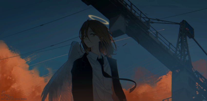 1boy, angel_devil_(chainsaw_man), angel_wings, black_jacket, black_necktie, brown_hair, chainsaw_man, collared_shirt