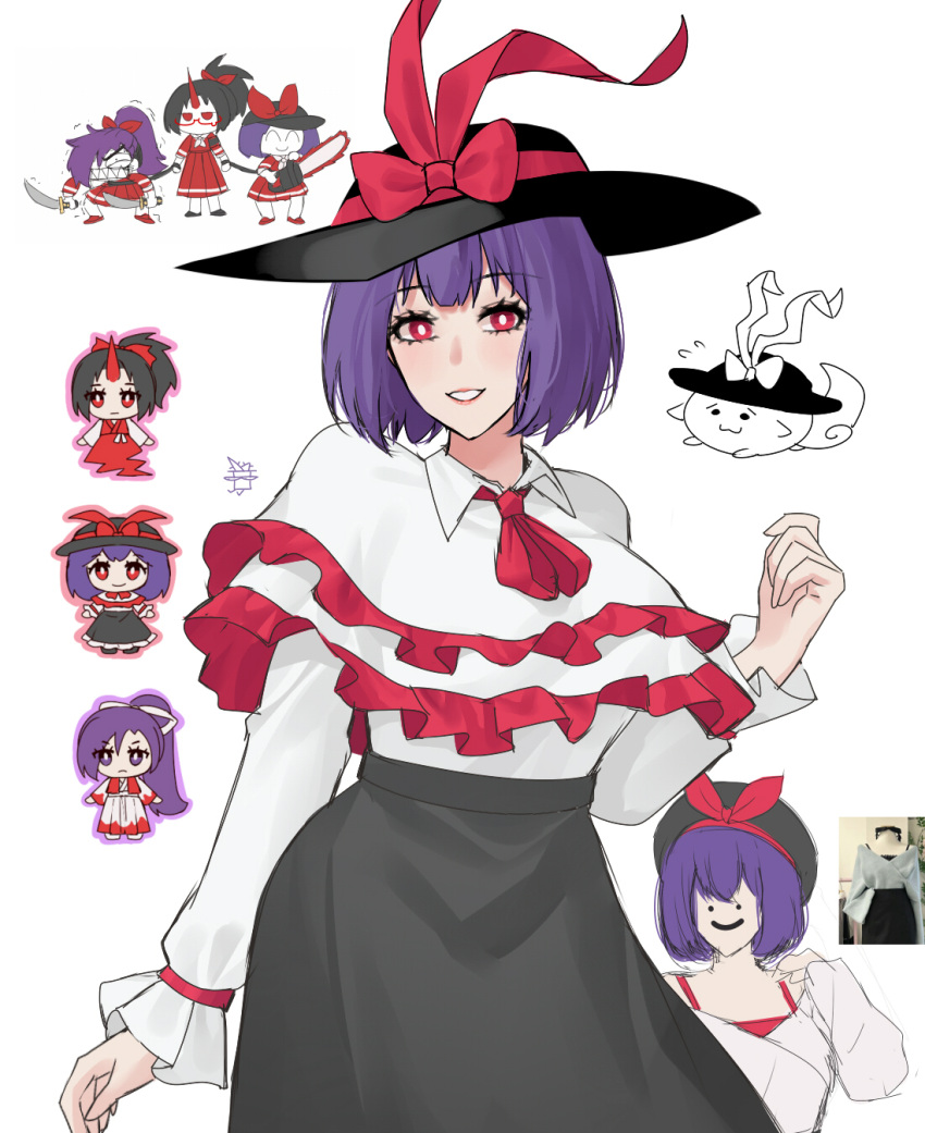 3girls, aroevela, ascot, black_hair, black_hat, black_skirt, chainsaw, chibi