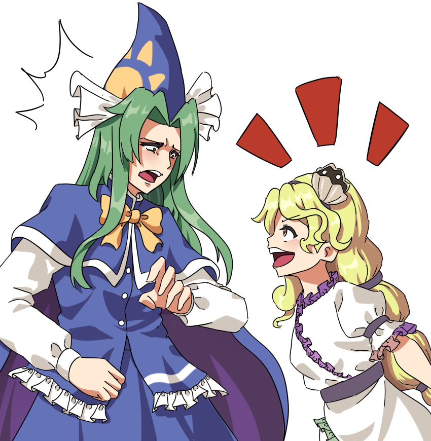 2girls, black_hairband, blonde_hair, blue_capelet, blue_hat, bow, bowtie, capelet