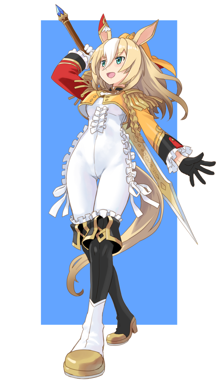 1girl, animal_ears, asymmetrical_gloves, black_gloves, blonde_hair, blue_background, blue_eyes, bodysuit, commentary_request, durandal_(umamusume), ear_covers, epaulettes, fourragere, frilled_bodysuit, full_body, gloves, hair_between_eyes, highres, horse_ears, horse_girl, horse_tail, katahira_masashi, long_hair, looking_at_viewer, looking_up, mismatched_boots, mismatched_gloves, multicolored_hair, single_ear_cover, smile, solo, sword, tail, two-tone_hair, umamusume, weapon, white_bodysuit, white_gloves, white_hair