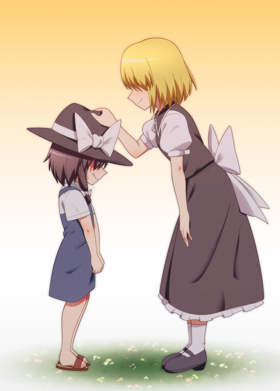 2girls, aged_down, back_bow, black_dress, black_shoes, blonde_hair, blue_dress, bow