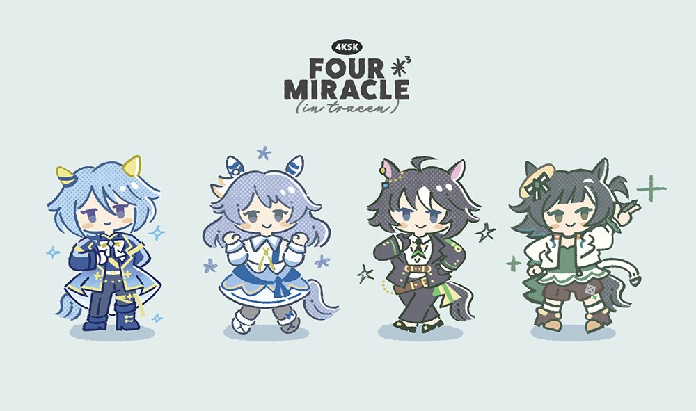 2_dando, 4girls, ahoge, androgynous, animal_ears, asymmetrical_footwear, belt, black_bow