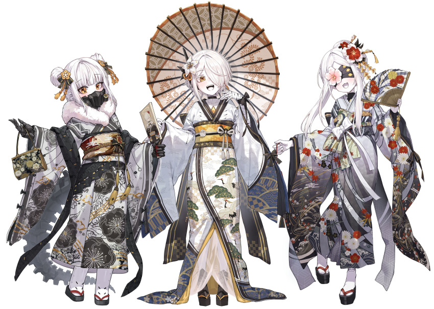 3girls, absurdres, alternate_costume, alternate_hairstyle, bag, bandaged_arm, bandaged_hand, bandages