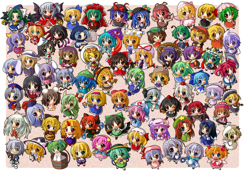 aki_minoriko, aki_shizuha, alice_margatroid, alice_margatroid_(pc-98), animal_ears, antennae, arm_cannon, bat_wings