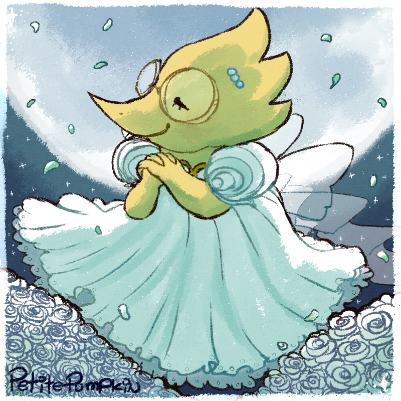 1girl, 2018, 2d, alphys, alternate_costume, anthro, artist_name, beaded_hair_ornament, border, buck_teeth, closed_eyes, colored_skin, commentary, dated_commentary, digital_media, dinosaur, dinosaur_girl, dress, english_commentary, female, female_only, flower, frilled_dress, frills, glasses, hair_ornament, interlocked_fingers, lizard, lizard_girl, long_dress, monster, monster_girl, moon, night, night_sky, own_hands_clasped, own_hands_together, petite-pumpkin, puffy_short_sleeves, puffy_sleeves, reptile, reptile_girl, rose, scalie, sky, solo, teeth, undertale, utdr_(toby_fox), white_border, white_dress, white_flower, white_rose, yellow_skin