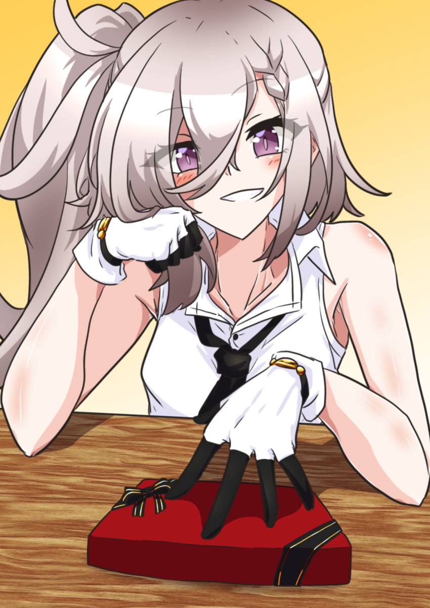 1girl, aomidori96, azur_lane, bare_shoulders, black_necktie, collared_shirt, commentary_request, elbow_rest, gloves, grey_hair, highres, long_bangs, long_hair, looking_at_viewer, necktie, shirt, side_ponytail, sleeveless, sleeveless_shirt, smile, solo, valentine, violet_eyes, white_gloves, white_shirt, z1_leberecht_maass_(azur_lane)