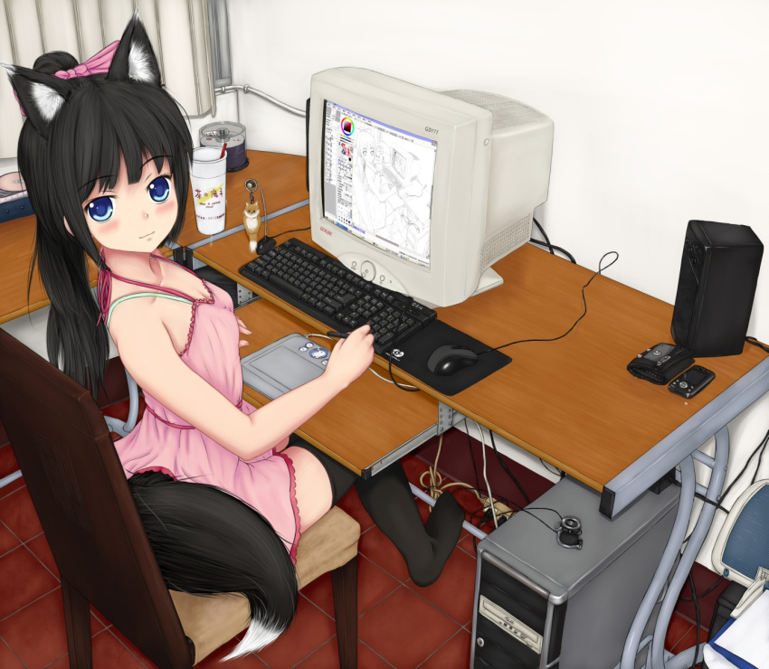 1girl, adobe_photoshop, bare_shoulders, black_hair, blue_eyes, blush, bow, bra_strap