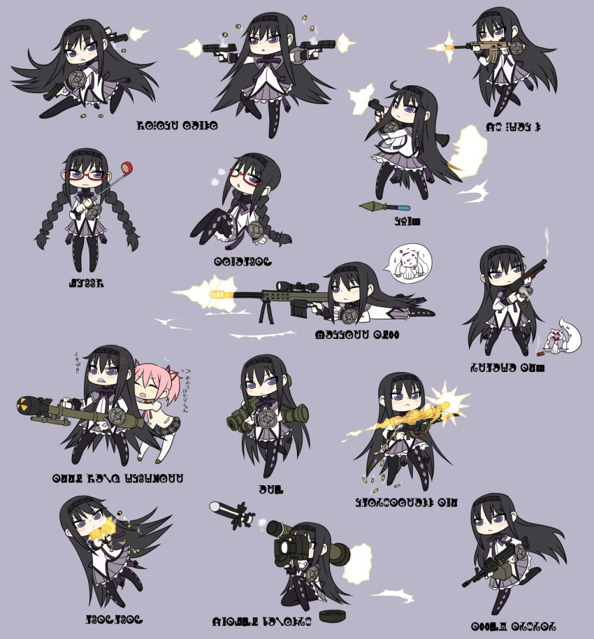 akemi_homura, ammunition_belt, anger_vein, annotated, at4, bazooka, bipod, black_hair