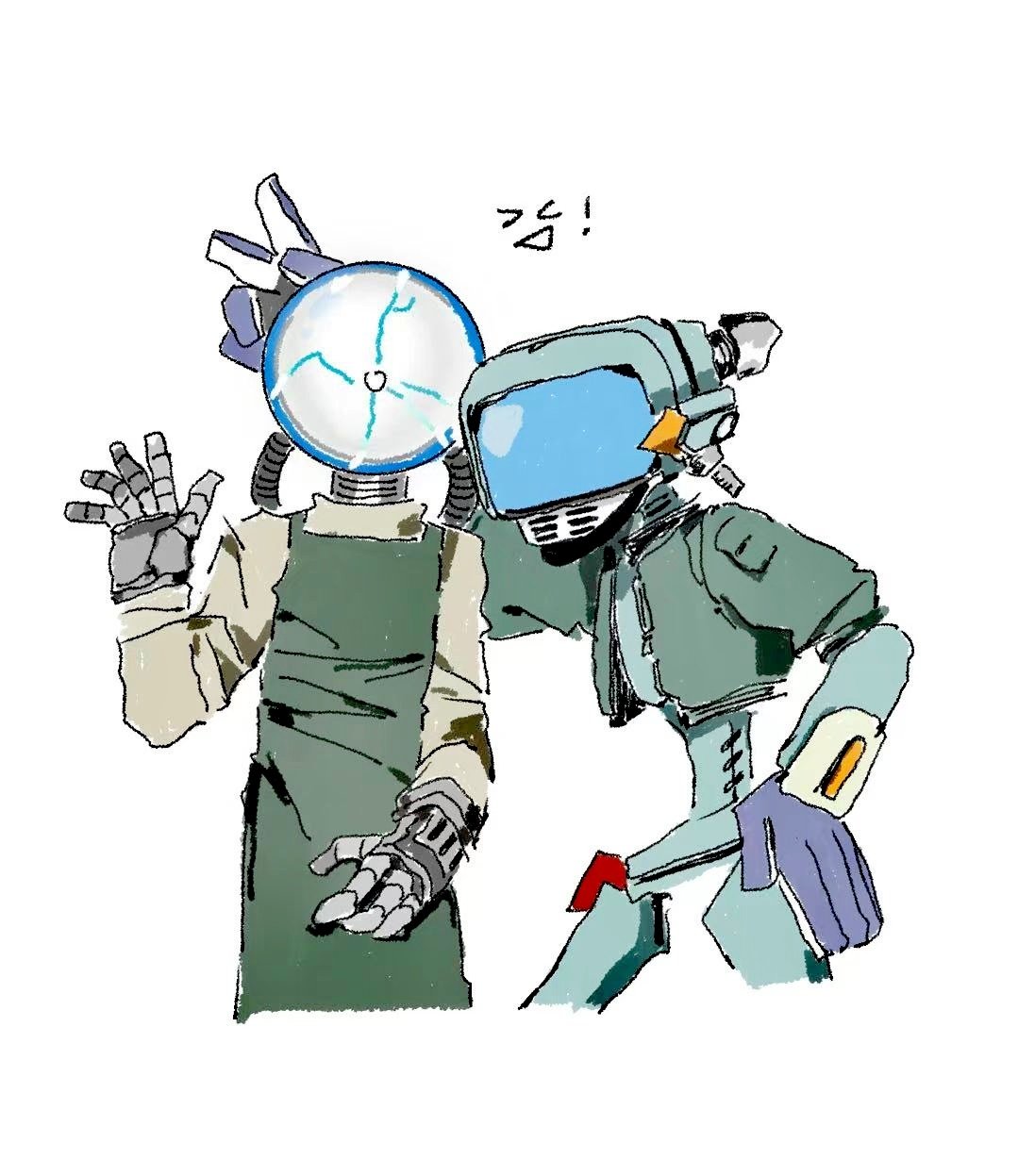 apron, bunny_ears_prank, canti, clothed_robot, commentary_request, cowboy_shot, crossover, electricity, flcl, globe_head_(slay_the_spire), green_jacket, highres, humanoid_robot, jacket, monitor_head, object_head, plasma_globe, robot, simple_background, slay_the_spire, slay_the_spire_2, soccerobsidian, television, v, white_background, wire
