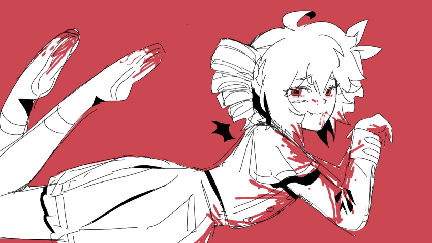1girl, ahoge, bat_wings, blood, blood_on_face, blood_on_hand, blood_on_shoes, bow, closed_mouth, drill_hair, fang, fang_out, frilled_skirt, frills, hair_between_eyes, hair_bow, kasane_teto, kasane_teto_(sv), long_sleeves, looking_at_viewer, lying, meutiny, miniskirt, on_stomach, pleated_skirt, red_background, red_eyes, short_hair, skirt, smile, socks, solo, the_pose, utau, vampire, wings