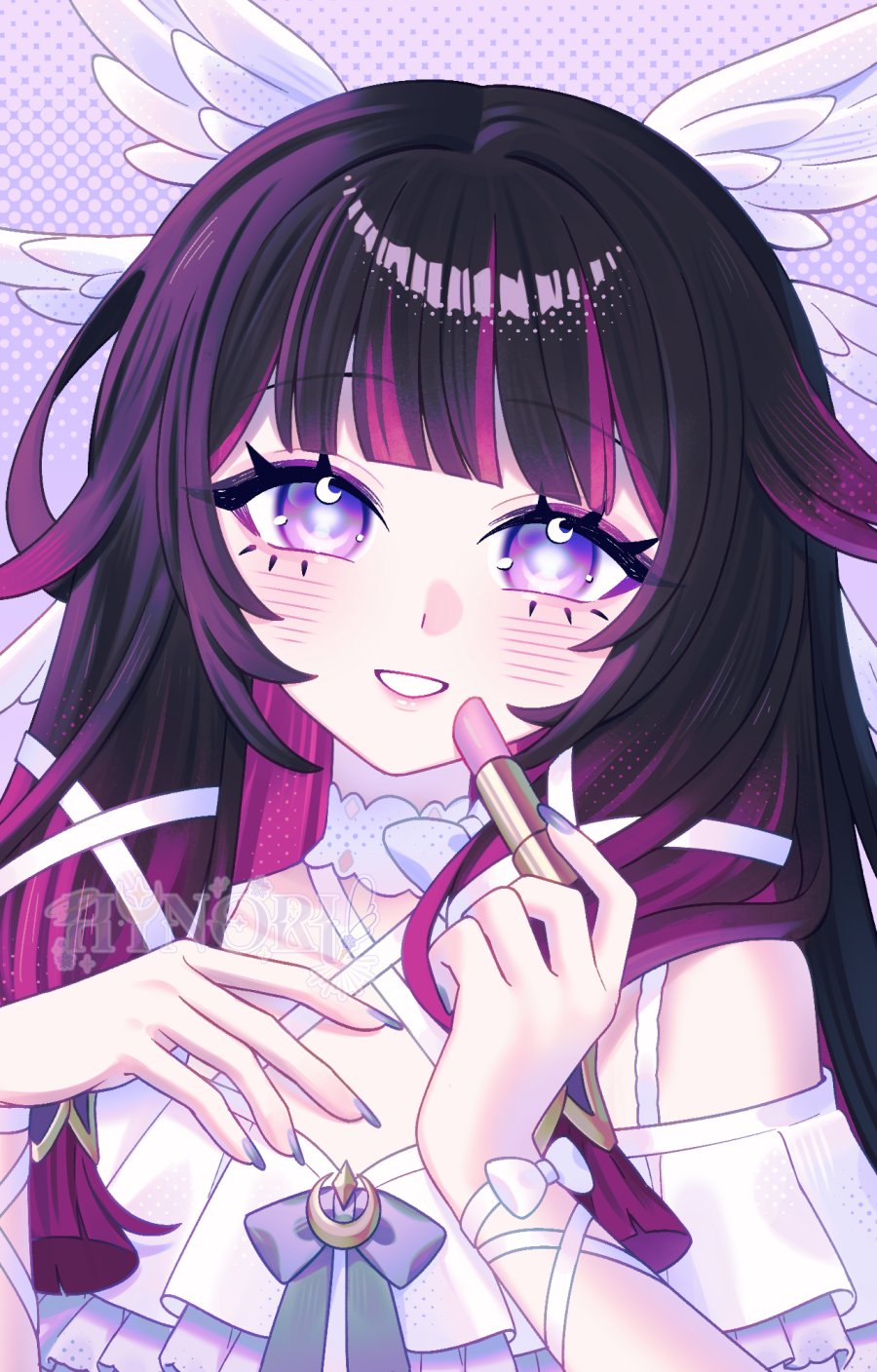 1girl, black_hair, blush, bow, bright_pupils, columbina_(genshin_impact), commentary, cosmetics