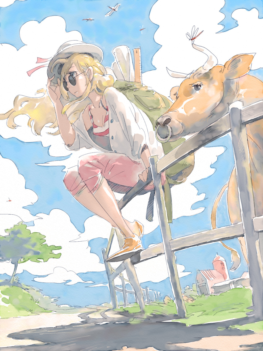 bag, barn, blonde_hair, breasts, cleavage, cloud, cow, dragonfly, fence, from_below, from_ground, grass, hat, highres, holding, holding_hat, horns, long_hair, open_clothes, open_shirt, original, pomodorosa, risa_hibiki, shadow, shirt, sitting, sitting_on_object, sky, solo, striped, sunglasses, tree, wind