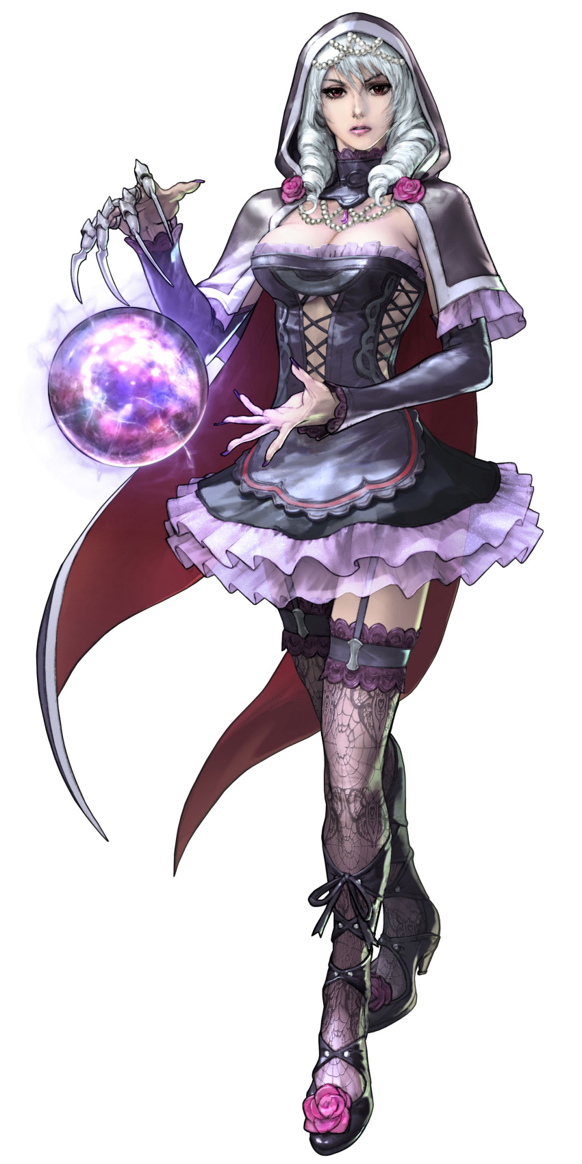 1girl, breasts, bustier, cape, capelet, choker, claws, cleavage