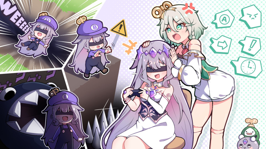 2girls, anger_vein, blindfold, blush, cecilia_immergreen, chest_jewel, colored_inner_hair, doll_joints