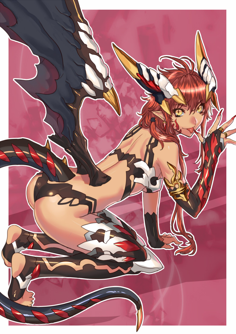 all_fours, ass, black_legwear, breasts, bridal_gauntlets, demon, demon_girl, earrings