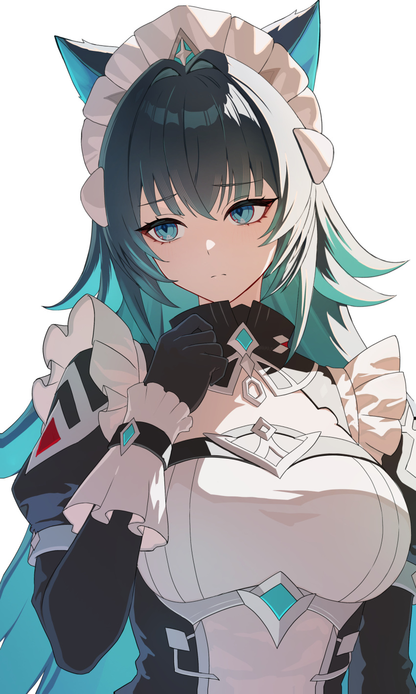 1girl, absurdres, anima_miko, animal_ears, aqua_hair, black_dress, black_hair, blue_eyes