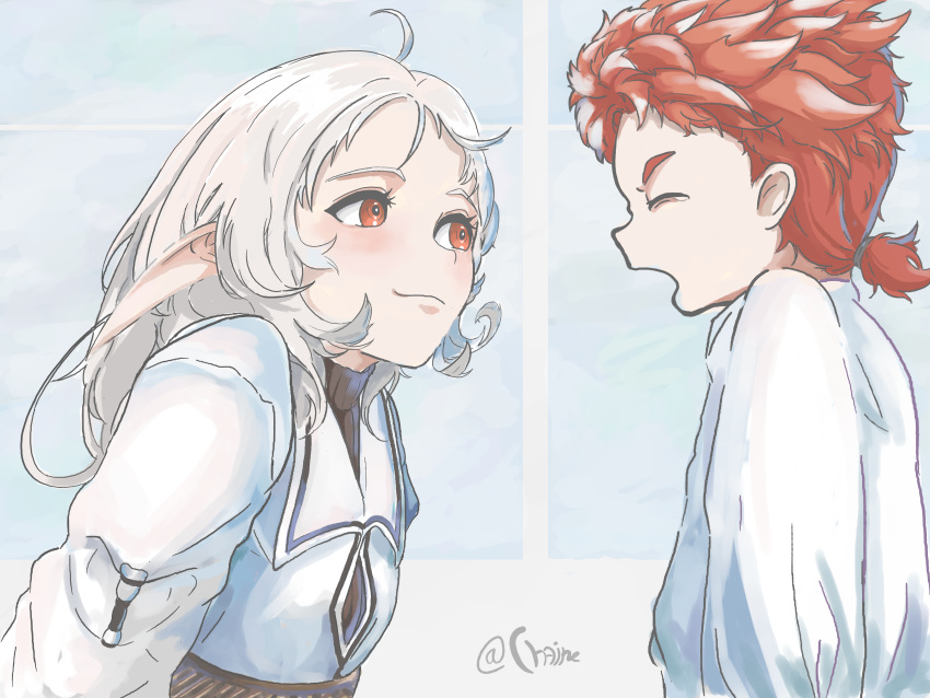 1boy, 1girl, absurdres, ahoge, ars_greyrat, blue_background, chained_chanter, character_request