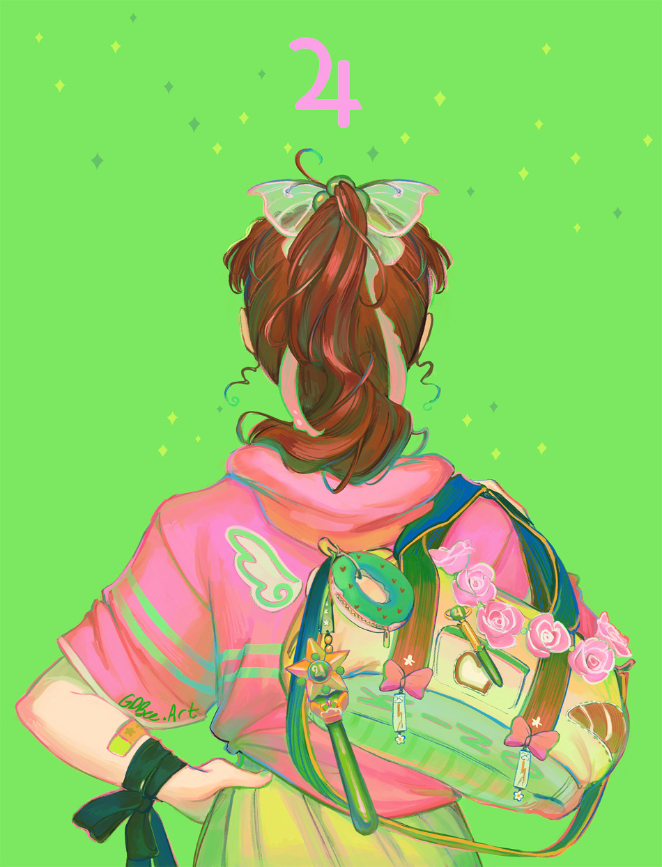 1girl, artist_name, bag, bag_bow, bishoujo_senshi_sailor_moon, bow, brown_hair, commentary, complementary_colors, curly_hair, doughnut, english_commentary, floral_print, flower, food, food_charm, from_behind, geneva_bowers, green_background, green_bag, green_bow, green_ribbon, green_skirt, hair_bow, hand_on_own_hip, highres, hood, hoodie, jacket, jupiter_symbol, kino_makoto, long_hair, luna_moth, moth_print, pen, pink_bow, pink_flower, pink_hoodie, pink_rose, ponytail, ribbon, ribbon_around_arm, rose, rose_print, short-sleeved_jacket, short_sleeves, signature, simple_background, skirt, solo, sparkle, star_(symbol), star_wand, upper_body, wing_print, wrist_bow, zipper_pull_tab