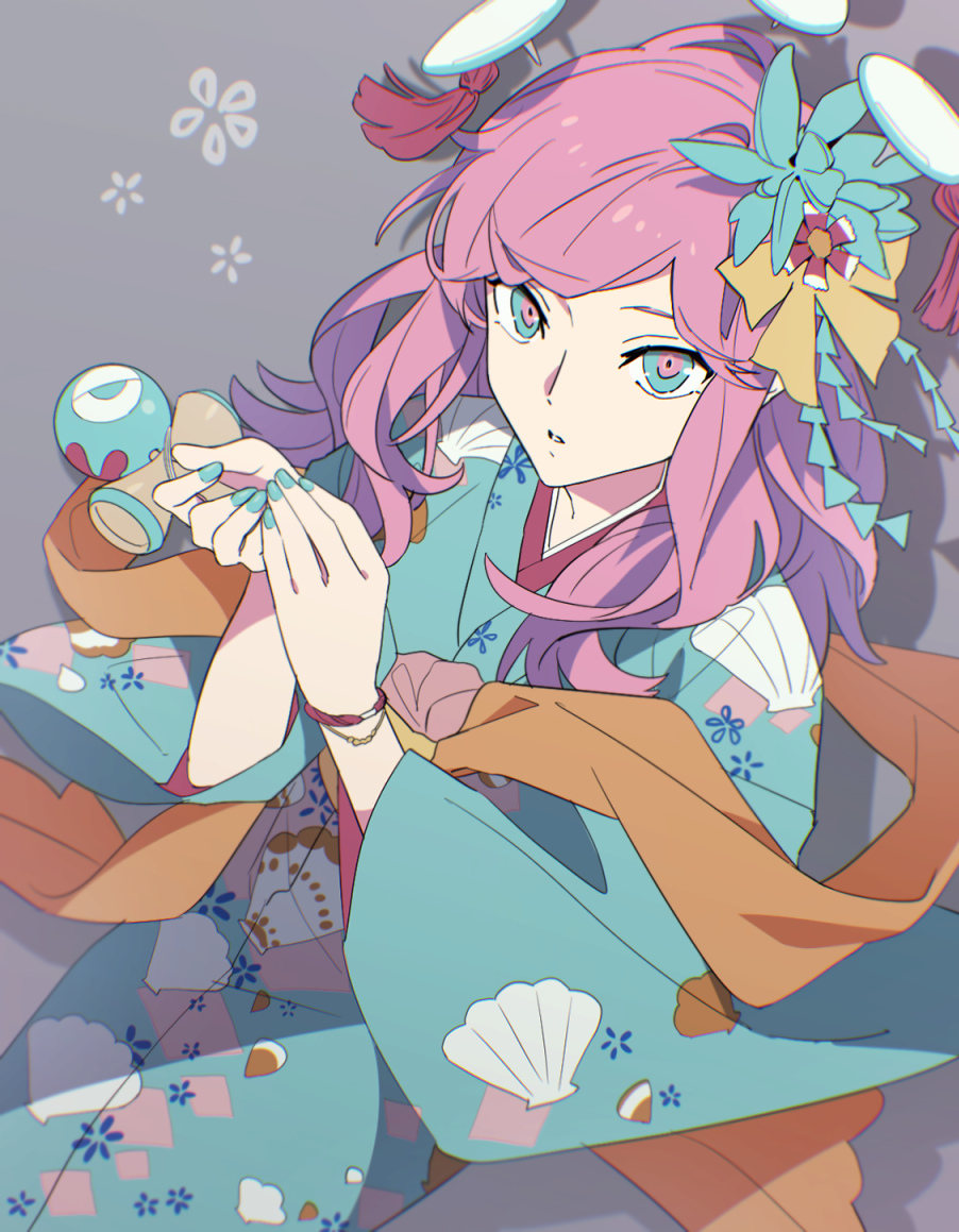 1girl, aqua_eyes, aqua_nails, aroma_white, blue_flower, blue_kimono, cytus, cytus_ii