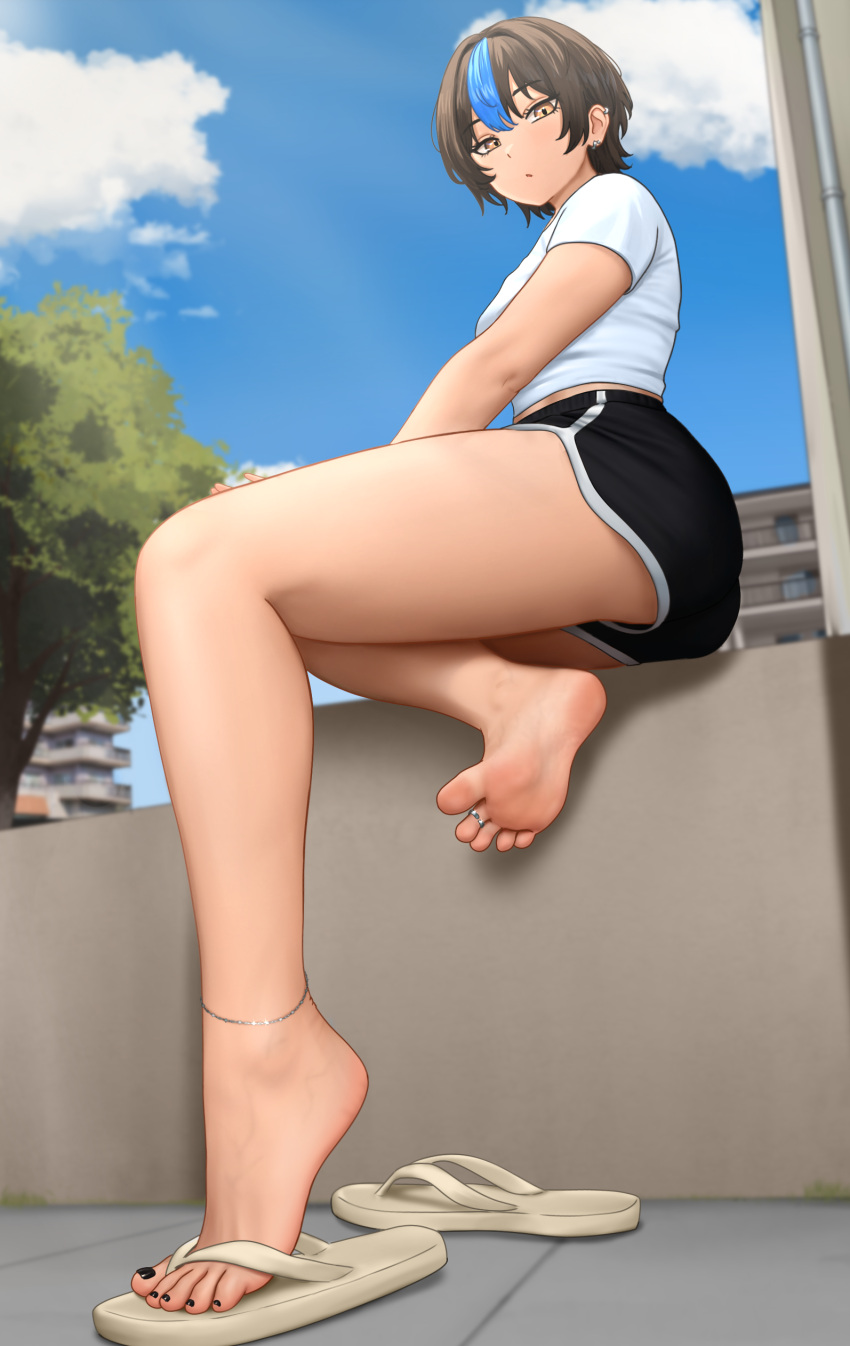 1girl, :/, absurdres, anklet, ass, bare_legs, barefoot, black_hair