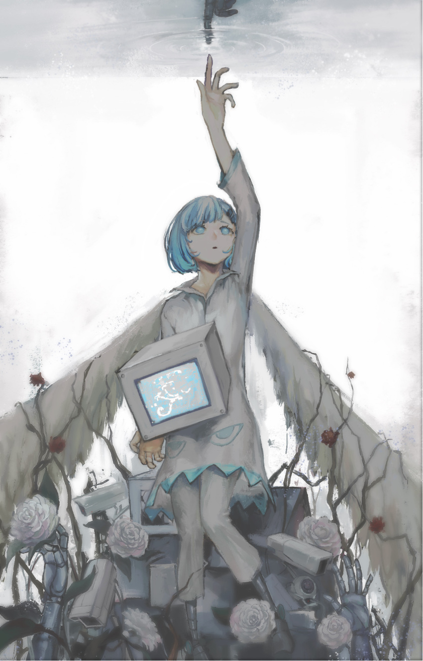 1girl, 1other, arm_out_of_frame, arm_up, blue_eyes, blue_hair, camellia, chinese_commentary, clionelimacina, collared_dress, commentary_request, cytus, cytus_ii, dress, feathered_wings, flower, hair_ornament, hairclip, highres, long_sleeves, looking_up, monitor, nora_(cytus), pants, prosthesis, prosthetic_leg, reaching, reaching_towards_another, red_flower, red_rose, robot, rose, security_camera, short_hair, veins, white_background, white_dress, white_pants, white_wings, wings, withered