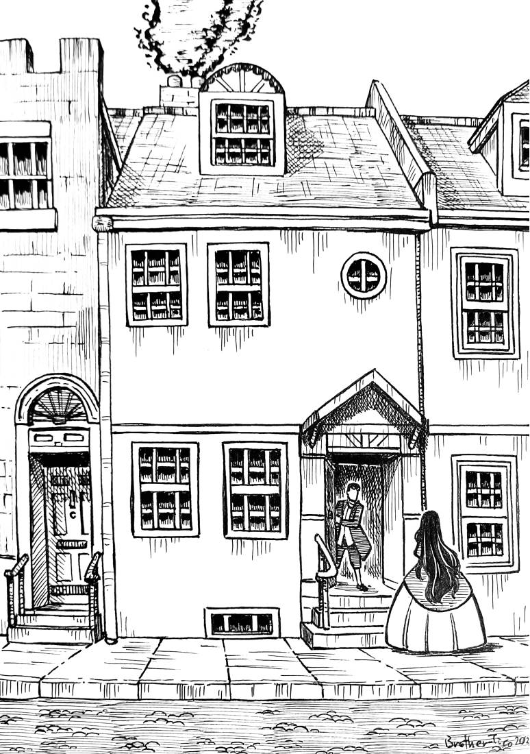 1boy, 1girl, brother-tico, chimney, commentary, door, dress, english_commentary, full_body, house, inktober, jacket, long_hair, monochrome, original, outdoors, pants, road, short_hair, sidewalk, smoke, street, window