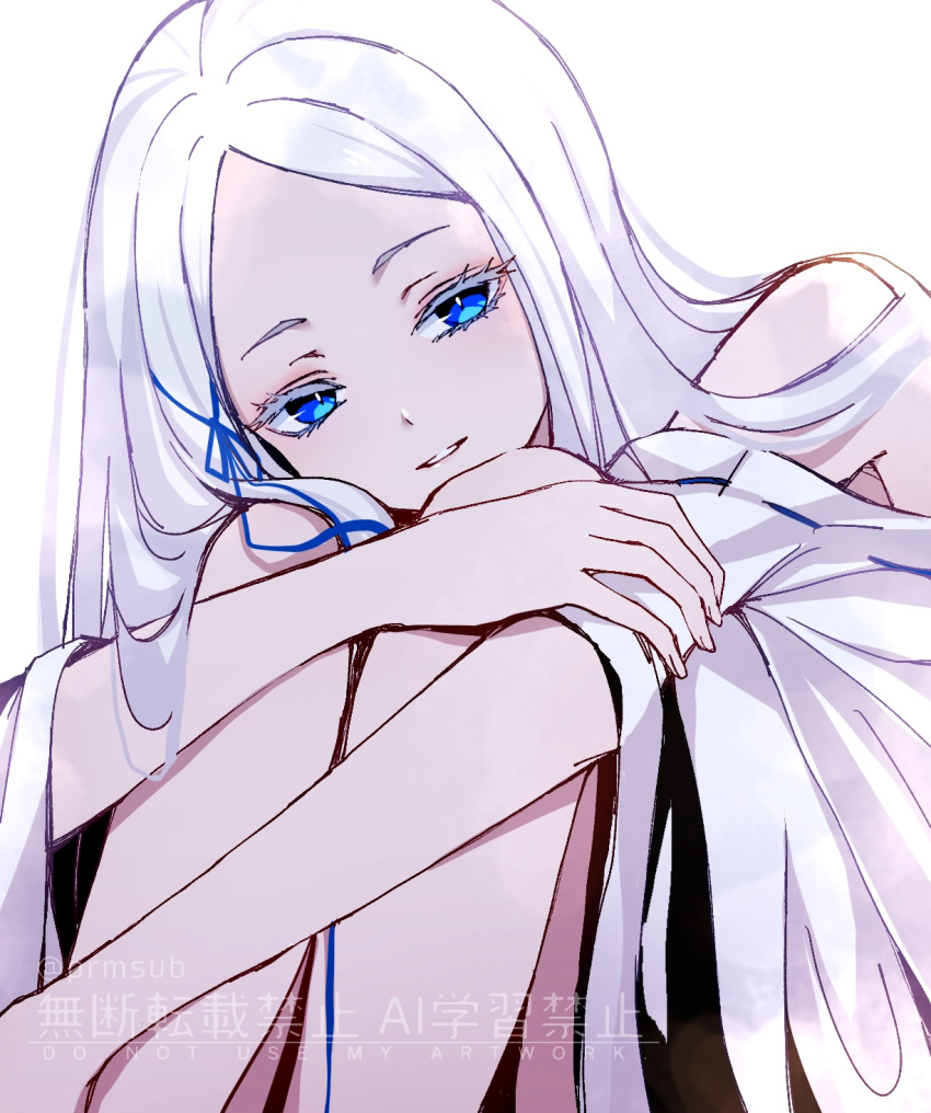 1girl, blue_eyes, blue_ribbon, colored_eyelashes, commentary_request, dress, grey_hair, hair_ribbon