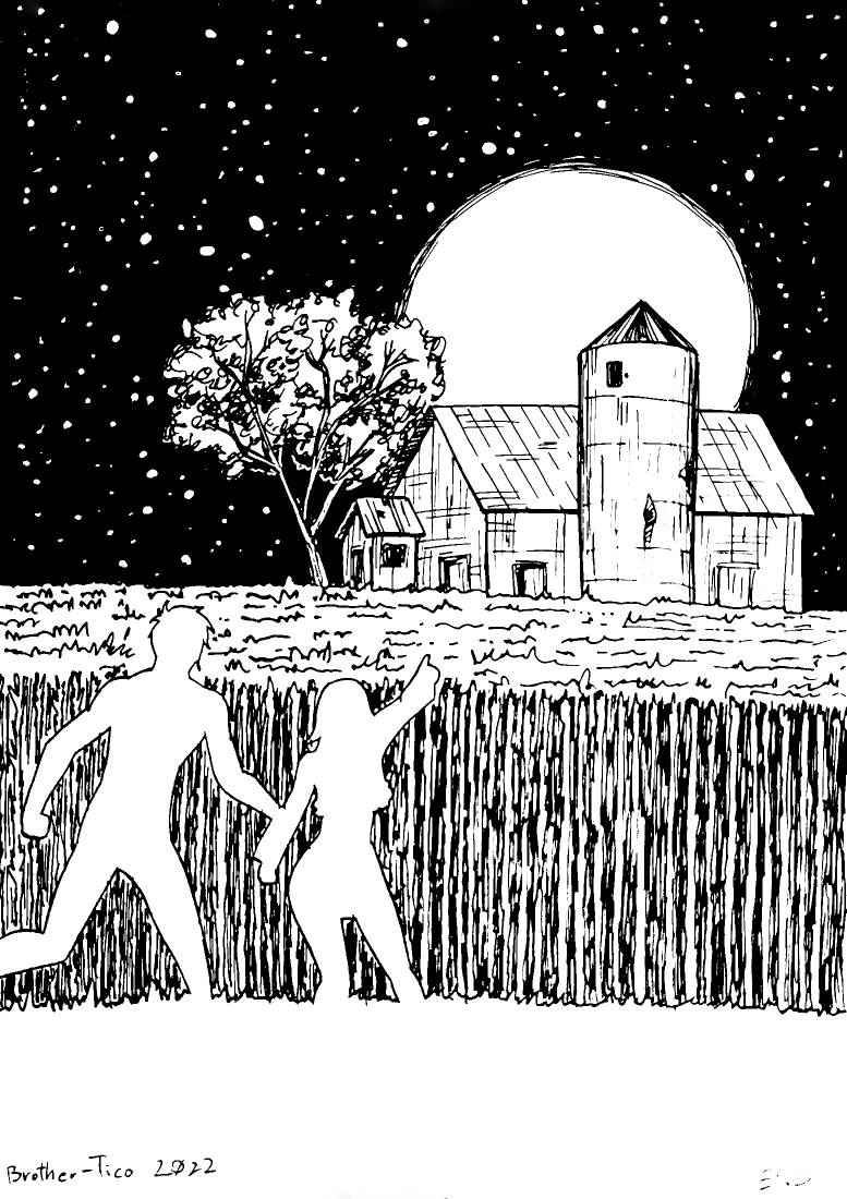 1boy, 1girl, barn, brother-tico, commentary, english_commentary, farm, full_body