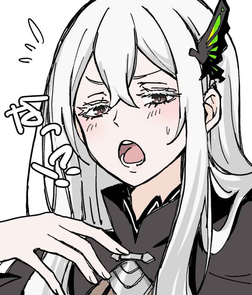 1girl, butterfly_hair_ornament, colored_eyelashes, commentary_request, dress, echidna_(re:zero), hair_between_eyes, hair_ornament