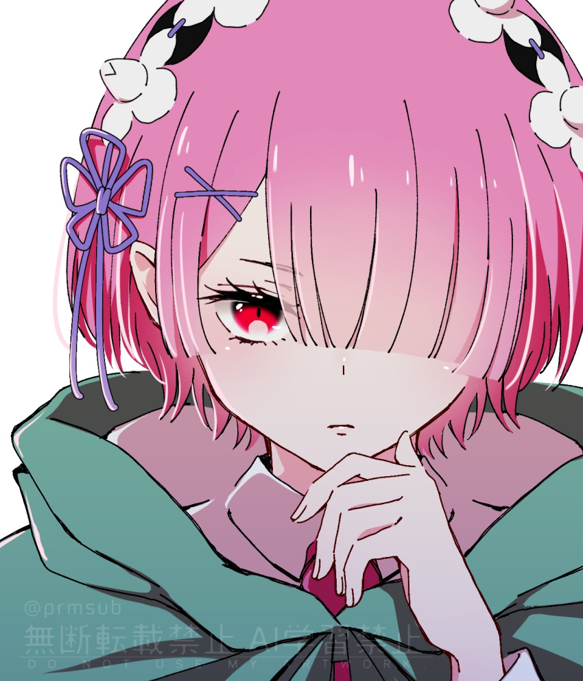 1girl, breasts, cloak, commentary_request, hair_ornament, hair_over_one_eye, hair_ribbon, highres