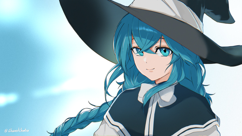 1girl, absurdres, black_capelet, blue_eyes, blue_hair, braid, capelet, chained_chanter
