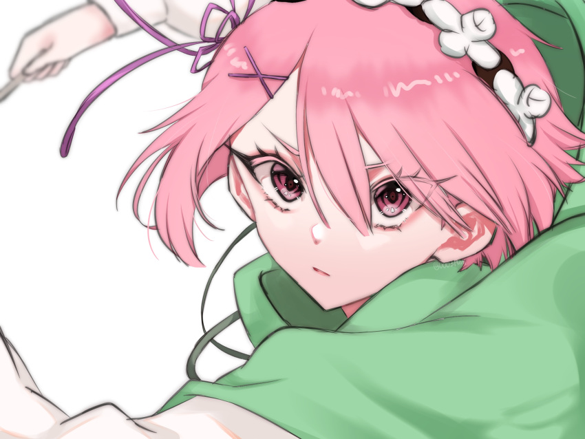1girl, cloak, commentary_request, green_cloak, hair_ornament, hair_ribbon, highres, hood