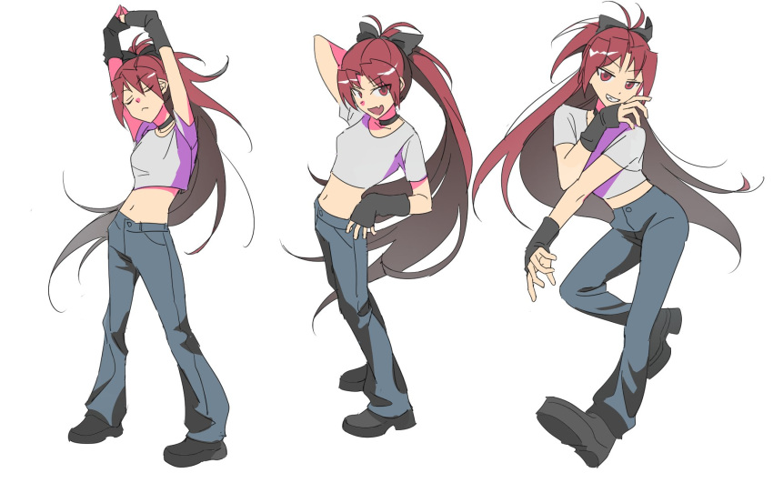 1girl, black_bow, black_choker, black_gloves, black_shoes, blue_pants, bow, breasts, choker, closed_eyes, closed_mouth, dancing, fang, fingerless_gloves, from_above, full_body, gloves, grey_shirt, hair_bow, hand_up, hands_up, highres, invisible_floor, long_hair, looking_at_viewer, looking_to_the_side, lull_brook_(brookuu), mahou_shoujo_madoka_magica, midriff, multiple_views, navel, open_mouth, own_hands_together, pants, parted_lips, ponytail, red_eyes, red_hair, sakura_kyoko, shirt, shoes, short_sleeves, simple_background, skin_fang, small_breasts, smile, standing, stretching, teeth, white_background
