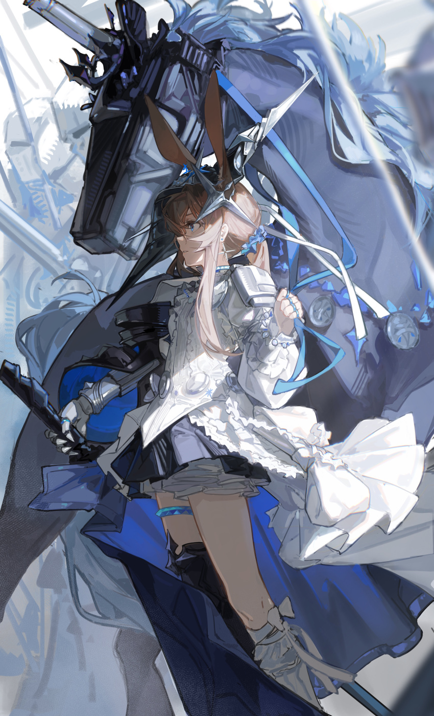 1girl, absurdres, amiya_(arknights), amiya_(guard)_(arknights), amiya_(guard)_(in_a_myriad_of_universes)_(arknights), animal_ears, arknights, asymmetrical_footwear, blue_eyes, brown_hair, chinese_commentary, chino_(user_zdyd2447), commentary_request, dress, from_side, highres, holding, holding_sword, holding_weapon, jewelry, long_hair, mismatched_boots, mismatched_footwear, multiple_others, multiple_rings, official_alternate_costume, profile, rabbit_ears, rabbit_girl, ring, robot_horse, single_armored_boot, single_vambrace, sword, thigh_strap, vambraces, weapon, white_dress