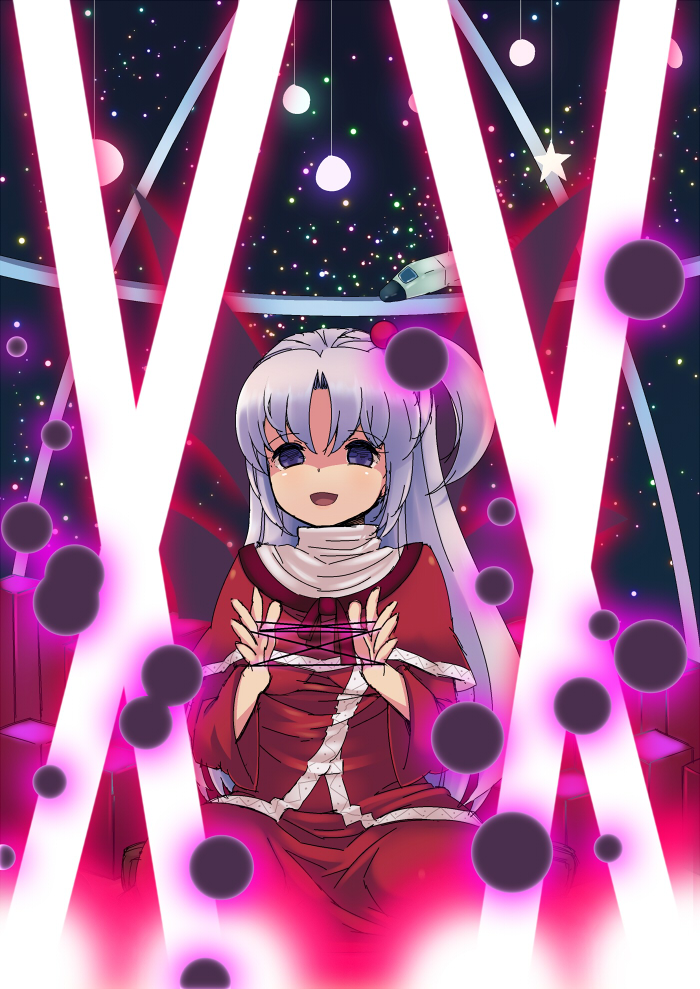 :d, ball, beam, blue_eyes, cat's_cradle, cutting_(mkjtl), danmaku, dress