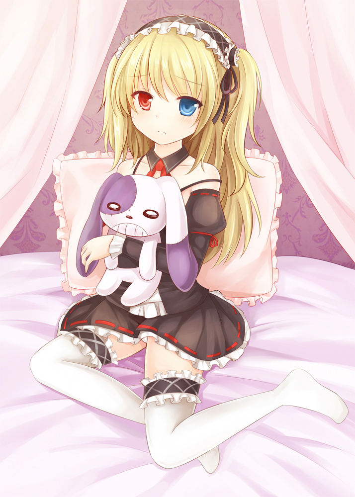 1girl, bed, black_dress, blonde_hair, blue_eyes, boku_wa_tomodachi_ga_sukunai, curtains, doll_hug