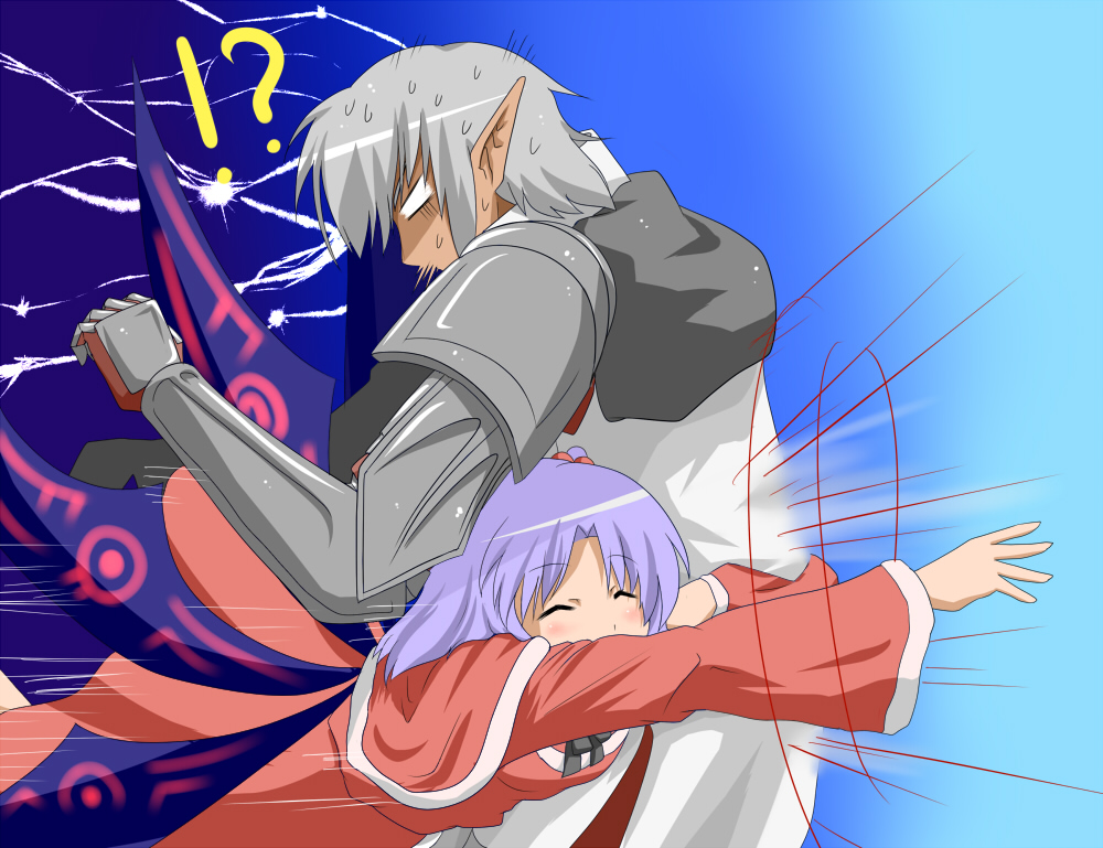 1boy, 1girl, ^_^, armor, buront, capelet, closed_eyes, crossover