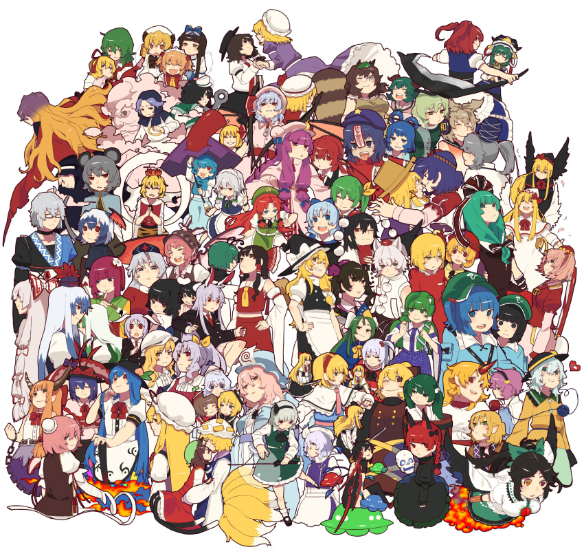 :p, absurdres, aki_minoriko, aki_shizuha, alice_margatroid, anchor, animal_ears, antennae, apron, arm_cannon, arm_ribbon, ascot, bandages, black_hair, black_wings, blonde_hair, blue_eyes, blue_hair, book, bow, braid, brown_eyes, brown_hair, bunny_ears, cape, cat_ears, cat_tail, chain, character_request, chen, choker, cirno, closed_eyes, crescent, daiyousei, detached_sleeves, double_bun, dress, earmuffs, everyone, extra, extra_ears, fang, fire, flandre_scarlet, food, fox_tail, frog, front_ponytail, fruit, fujiwara_no_mokou, futatsuiwa_mamizou, glasses, gradient_hair, green_dress, green_eyes, green_hair, grey_hair, hair_bobbles, hair_bow, hair_ornament, hair_ribbon, hair_tubes, hairband, hakurei_reimu, hands_on_hips, hat, hat_ribbon, head_wings, headphones, heart, heterochromia, hieda_no_akyuu, highres, hijiri_byakuren, himekaidou_hatate, hinanawi_tenshi, hong_meiling, horn, horns, hoshiguma_yuugi, houjuu_nue, houraisan_kaguya, ibaraki_kasen, ibuki_suika, inaba_tewi, inubashiri_momiji, izayoi_sakuya, japanese_clothes, jiangshi, kaenbyou_rin, kagiyama_hina, kaguya_houraisan, kaku_seiga, kamishirasawa_keine, kappa_mob, karakasa_obake, kariginu, kasodani_kyouko, katana, kawashiro_mitori, kawashiro_nitori, kazami_yuuka, kirisame_marisa, kisume, knife, koakuma, kochiya_sanae, komeiji_koishi, komeiji_satori, konpaku_youmu, konpaku_youmu_(ghost), kumoi_ichirin, kurodani_yamame, letty_whiterock, lily_black, lily_white, long_hair, looking_back, luna_child, lunasa_prismriver, lyrica_prismriver, maribel_hearn, medicine_melancholy, merlin_prismriver, mima, miyako_yoshika, mizuhashi_parsee, mononobe_no_futo, morichika_rinnosuke, moriya_suwako, multicolored_hair, multiple_girls, multiple_tails, murasa_minamitsu, mystia_lorelei, nagae_iku, nazrin, ofuda, onozuka_komachi, open_mouth, orange_hair, original, patchouli_knowledge, peach, pink_hair, pointy_ears, pom_pom_(clothes), ponytail, purple_hair, raccoon_tail, radiation_symbol, red_eyes, red_hair, redhead, reisen, reisen_udongein_inaba, reiuji_utsuho, remilia_scarlet, ribbon, rod_of_remorse, rumia, saigyouji_yuyuko, scythe, shameimaru_aya, shanghai_doll, shikieiki_yamaxanadu, shinki, short_hair, short_twintails, side_ponytail, skull, smile, snake, soga_no_tojiko, star, star_sapphire, sunny_milk, sword, sword_of_hisou, symbol-shaped_pupils, tail, tatara_kogasa, tate_eboshi, teeth, tewi_inaba, third_eye, tiger_print, tokiko, tokiko_(touhou), tokin_hat, tongue, toramaru_shou, touhou, toyosatomimi_no_miko, triangular_headpiece, twin_braids, twintails, two-tone_hair, ufo, umbrella, unzan, usami_renko, watatsuki_no_toyohime, watatsuki_no_yorihime, weapon, white_wings, wide_sleeves, wings, witch_hat, wolf_ears, wriggle_nightbug, yagokoro_eirin, yakumo_ran, yakumo_yukari, yasaka_kanako, yellow_eyes, yomosaka, youkai