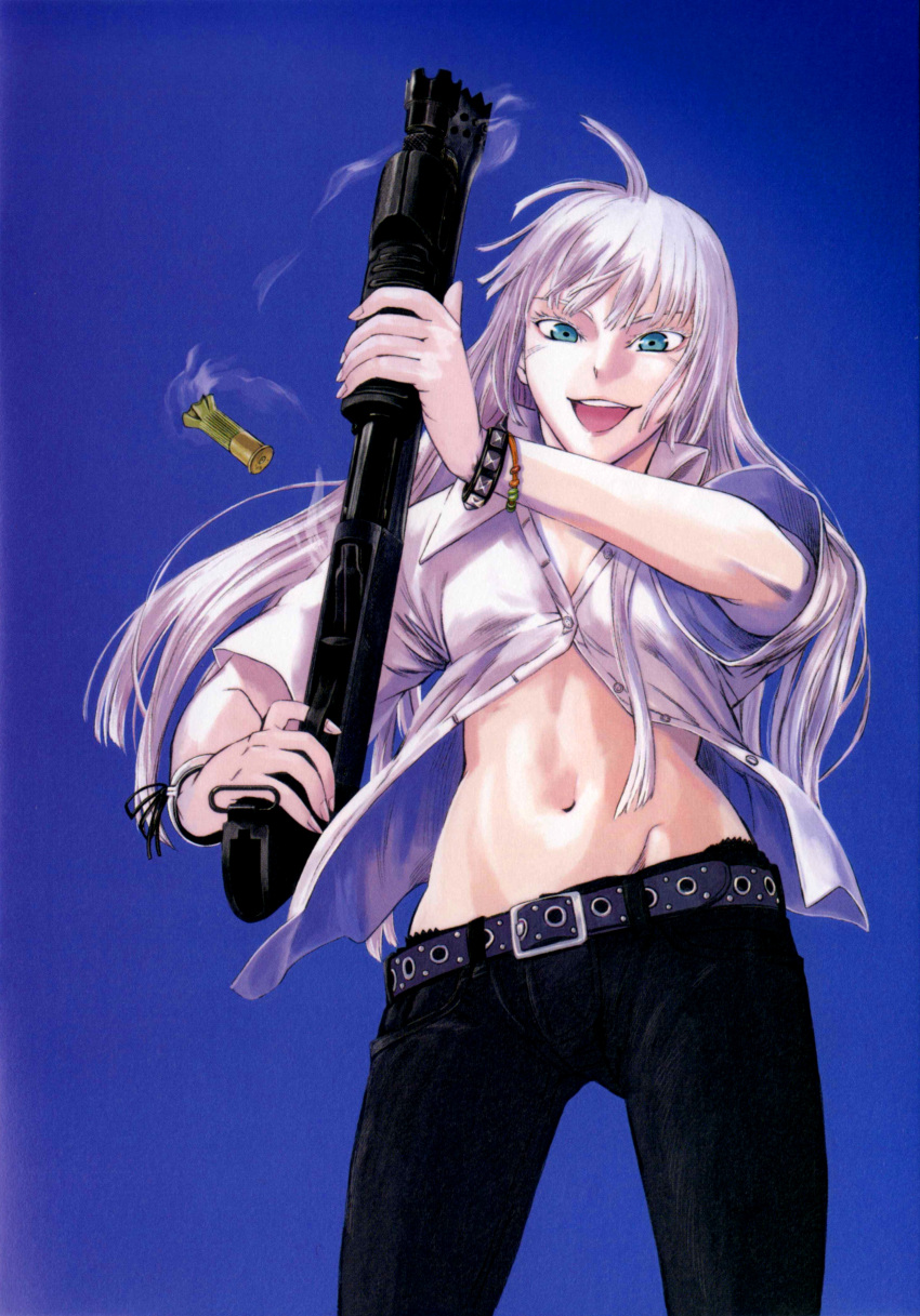 1girl, absurdres, belt, blue_background, blue_eyes, casing_ejection, female, gun, highres, jeans, jormungand, koko_hekmatyar, long_hair, midriff, navel, open_clothes, open_mouth, open_shirt, shell_casing, shotgun, shotgun_shell, simple_background, smoke, solo, takahashi_keitarou, weapon, white_hair