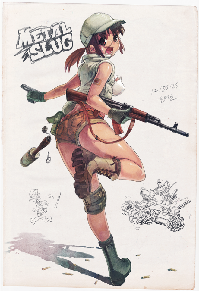 2boys, ak-74, ass, assault_rifle, boots, breasts, brown_eyes, brown_hair