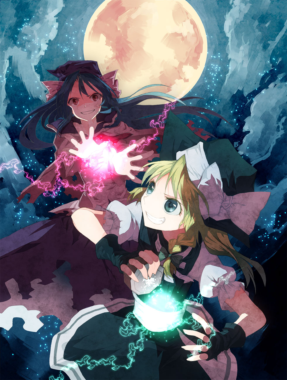 black_gloves, blonde_hair, blue_eyes, blue_hair, bow, braid, fingerless_gloves, full_moon