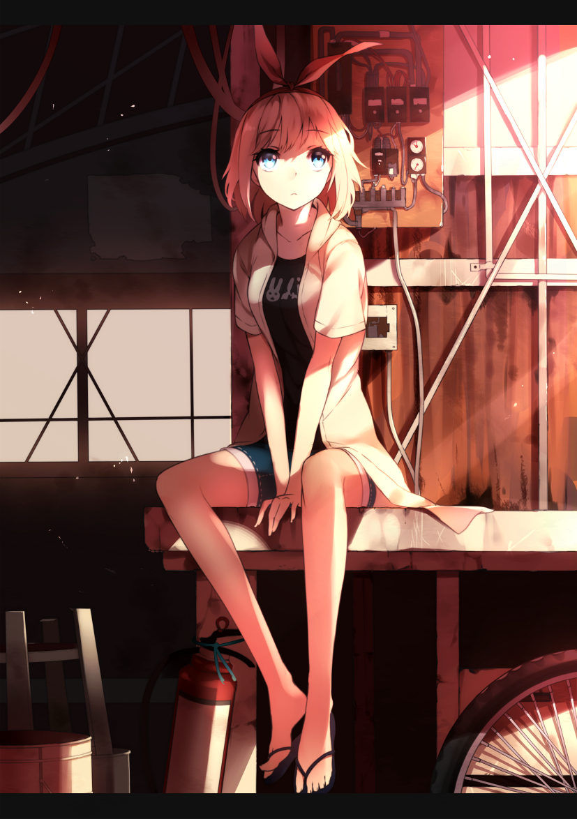 between_legs, blonde_hair, blue_eyes, cable, electric_panel, fire_extinguisher, frown, hair_ribbon