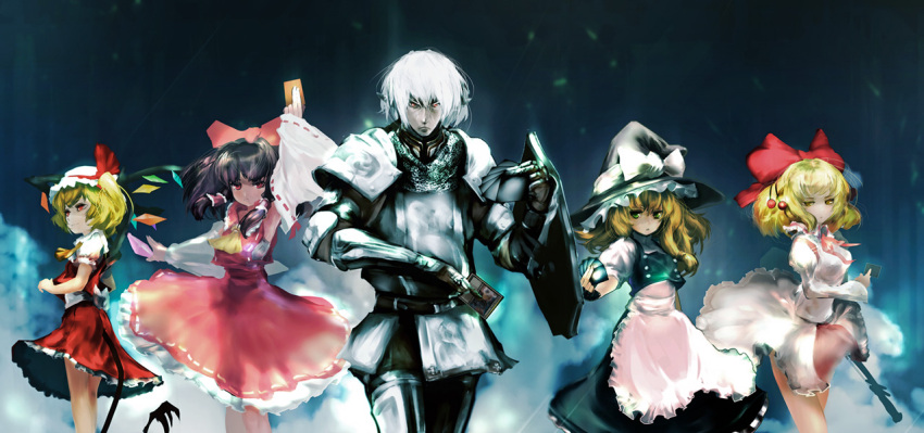 apron, ascot, blonde_hair, bow, brown_hair, buront, card, crystal, detached_sleeves, elf, elvaan, erhu, final_fantasy, final_fantasy_xi, flandre_scarlet, hair_ornament, hair_ribbon, hakurei_reimu, hat, hat_bow, kirisame_marisa, long_hair, magic:_the_gathering, multiple_girls, pointy_ears, red_eyes, ribbon, satsuki_rin, short_hair, skirt, the_iron_of_yin_and_yang, touhou, wide_sleeves, yellow_eyes