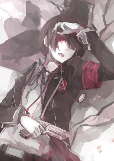 arisato_minato, armband, belt, black_hair, digital_media_player, evoker, gun, hair_over_one_eye, headphones, lying, male, on_back, open_mouth, persona, persona_3, red_eyes, school_uniform, short_hair, shrie, solo, weapon