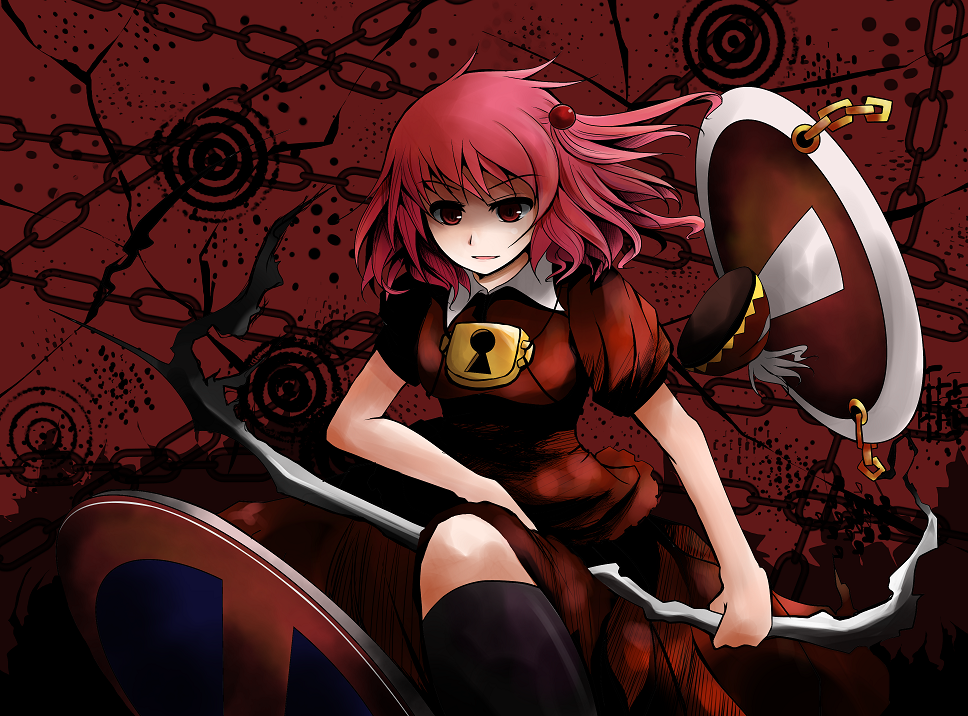 arano_oki, chain, chains, hair_bobbles, hair_ornament, hat, hat_removed, headwear_removed, kawashiro_mitori, open_mouth, original, puffy_sleeves, red_eyes, red_hair, redhead, road_sign, short_hair, short_sleeves, side_ponytail, sign, solo, touhou