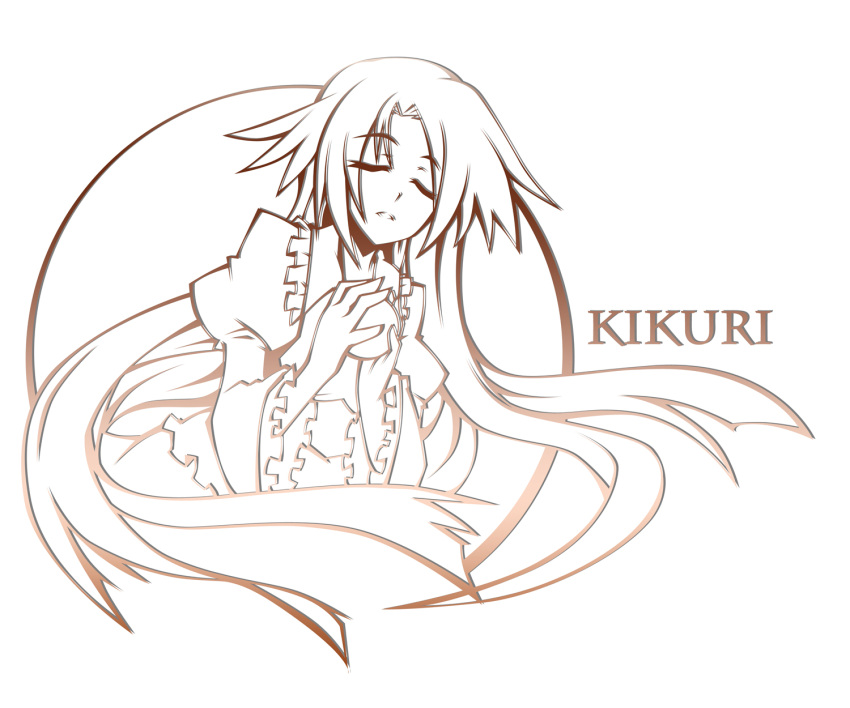 closed_eyes, dress, hands_clasped, hemogurobin_a1c, highres, kikuri_(touhou), long_hair, monochrome