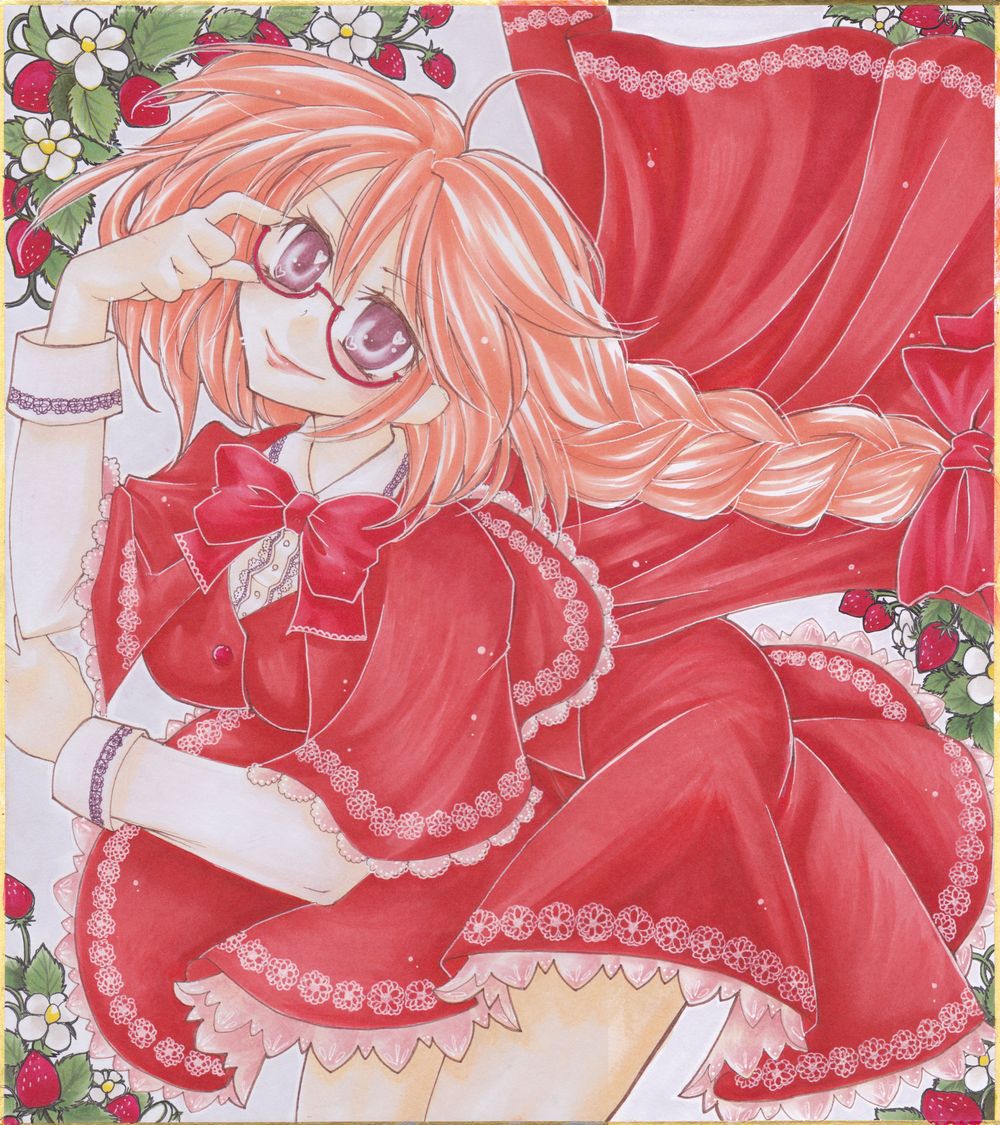 adjusting_glasses, amedama_(mikan_ame), bespectacled, bowtie, braid, cape, capelet, doily, flower, food, fruit, glasses, hair_ribbon, long_hair, long_sleeves, marker_(medium), millipen_(medium), okazaki_yumemi, pink_hair, purple_eyes, ribbon, shikishi, single_braid, skirt, skirt_set, solo, strawberry, touhou, touhou_(pc-98), traditional_media, violet_eyes