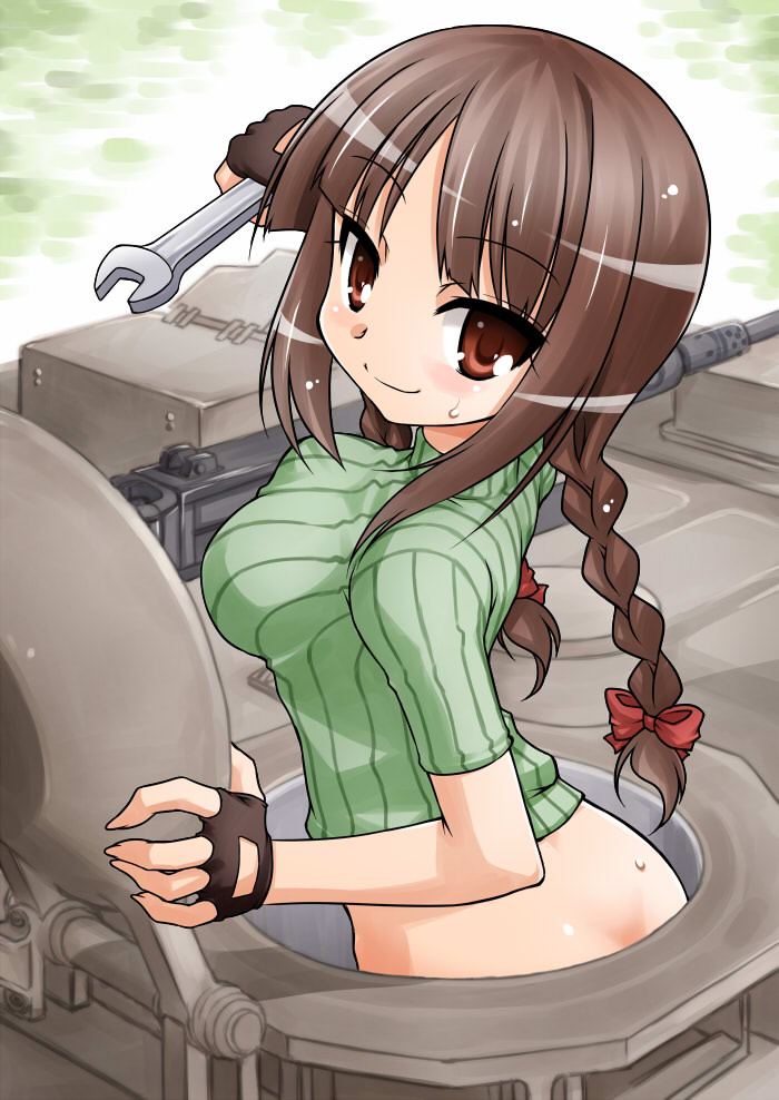 akou_roushi, blush, bottomless, bow, braid, breasts, brown_eyes, brown_hair